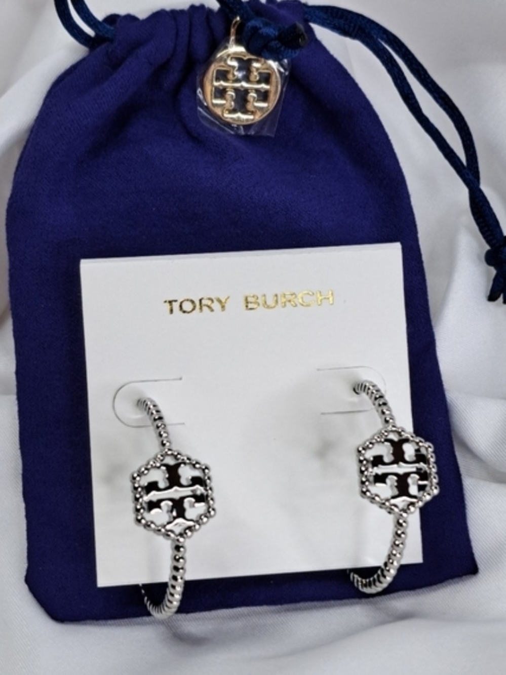 Tory Burch Silver Beaded Logo Hoop Earrings with Navy Pouch